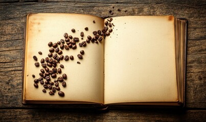 An open vintage book with scattered coffee beans on a rustic wooden table, evoking a cozy atmosphere