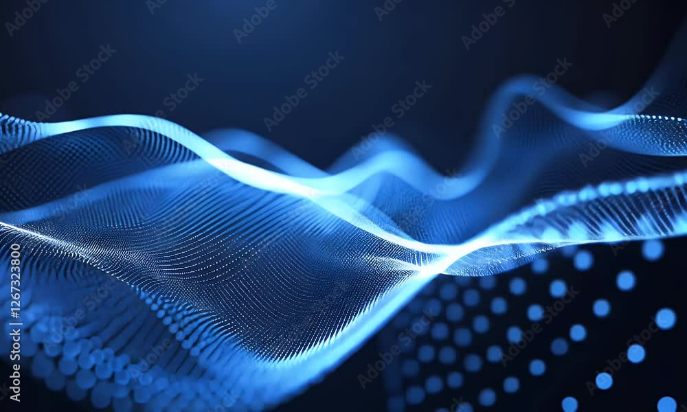 Poster abstract blue wave data flow; digital particles, dark background; tech presentation