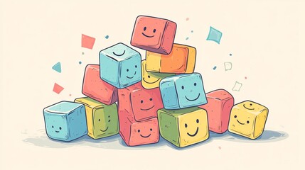 Obraz premium Playful Kids Building Creative Stack of Blocks