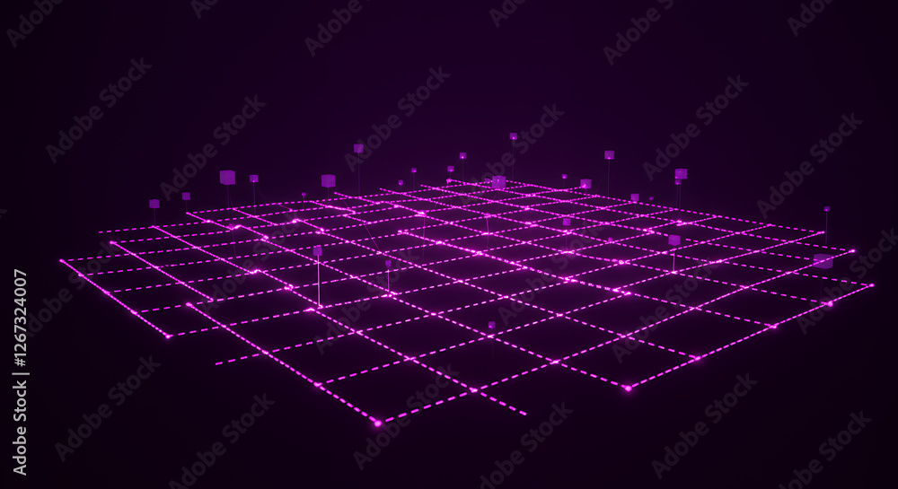 Poster purple network: abstract data visualization with glowing cubes & grid - futuristic tech, connection 