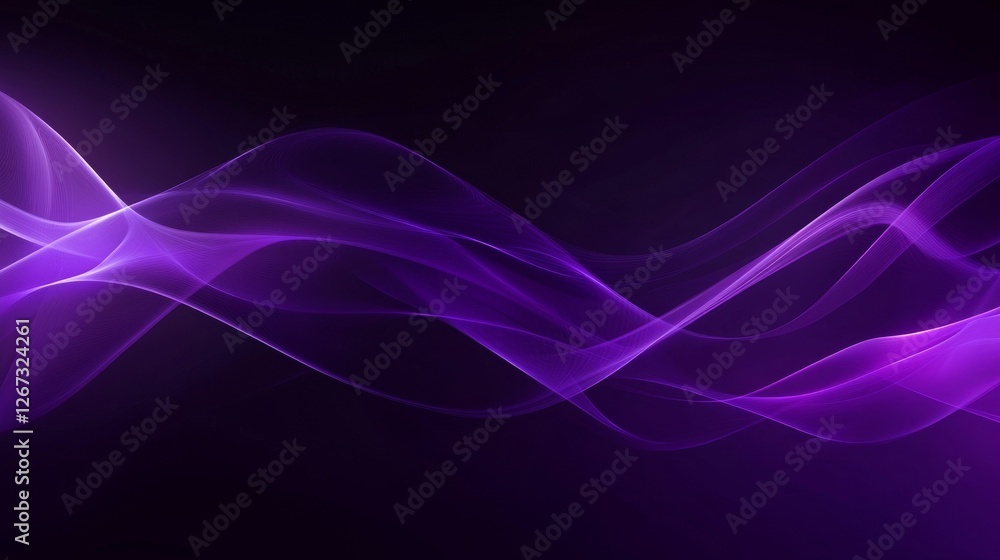 Poster abstract dark purple background with flowing wave curves and glowing light accents, creating a dynam