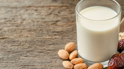 Creamy Oat Milk in Glass with Almonds and Oat Ingredients