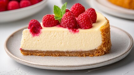 Decadent Cheesecake Slice with Raspberries and Mint Garnish