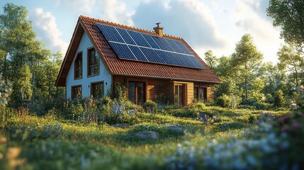 Eco-friendly house with solar panels, forest background, sustainable living