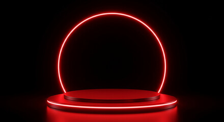 A futuristic, minimalist, abstract red neon circle, glowing in the dark, on a dark background