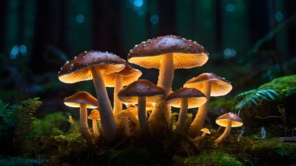 Fototapeta premium Glowing mushrooms in the middle of a dark and foggy forest.