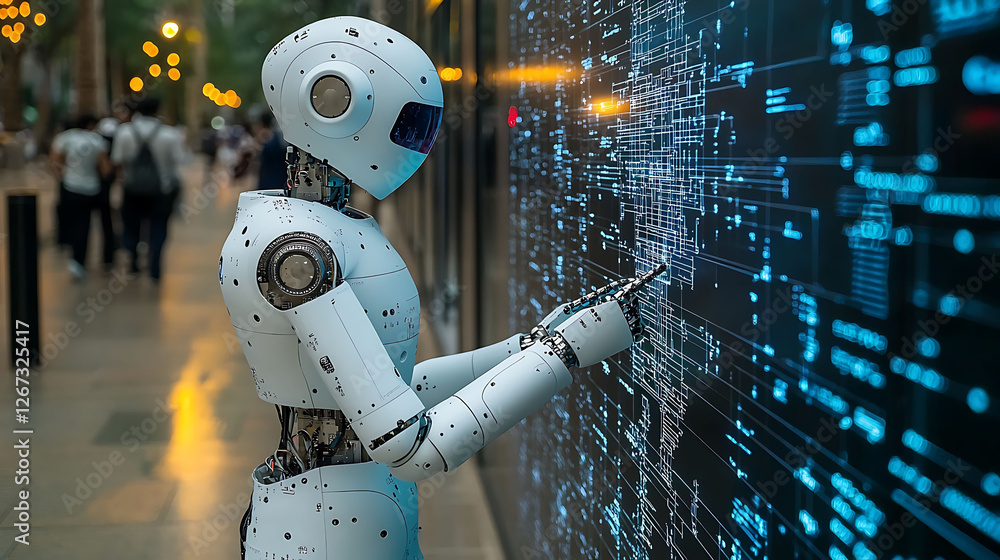 Poster a futuristic humanoid robot interacts with a digital interface, showcasing advanced ai and technolog
