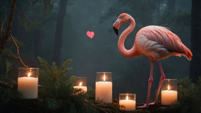 A flamingo stands amidst candles in a serene forest setting, evoking tranquility and romance.