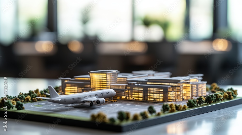 Poster model of a building and miniature airport displayed on a table for architectural and design purposes