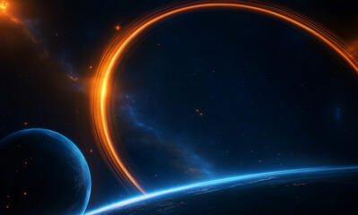 Obraz premium Stunning Space Scene with Planets and Glowing Rings in the Cosmos. Generative Ai