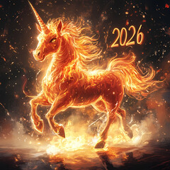 Fiery unicorn gallops through a magical landscape in 2026. Generative AI