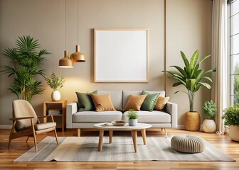 Fototapeta premium Modern Minimalist Living Room with Blank Canvas Poster Mockup - Interior Design Stock Photo