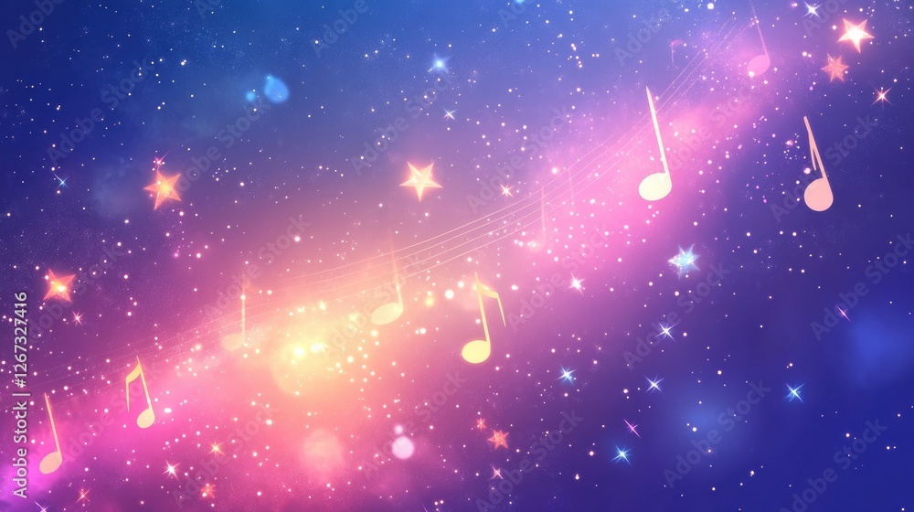 Poster colorful musical notes float through a starry night sky filled with cosmic light. generative ai