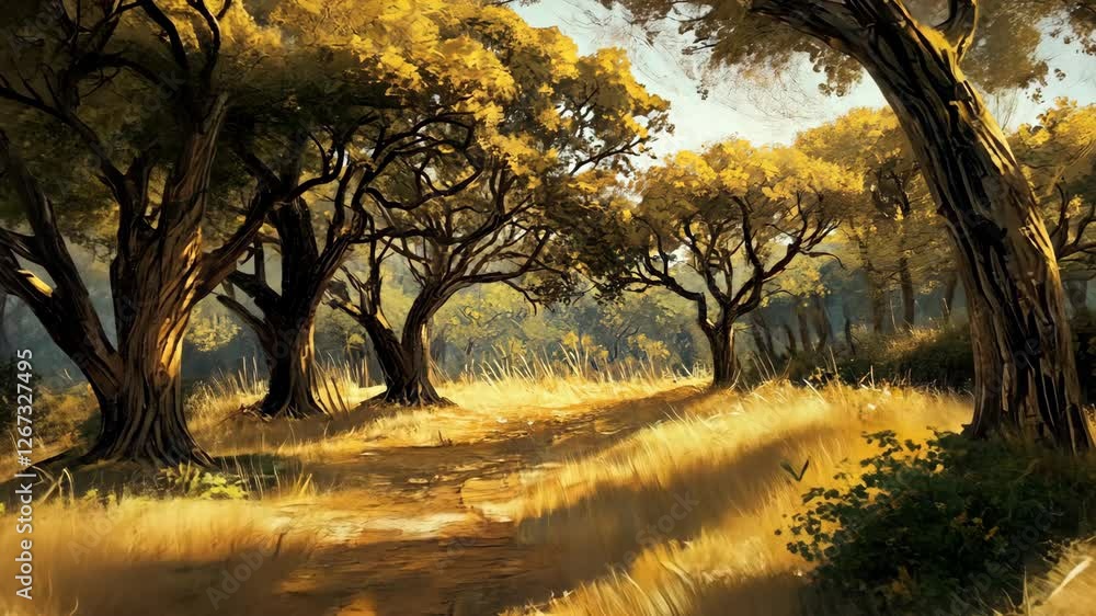 Poster golden autumn forest path with sunlight filtering through trees and tall grass in the underbrush dur
