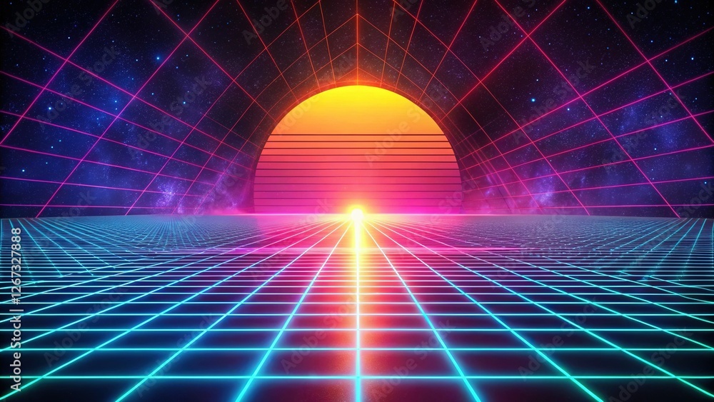 Poster retro futuristic synthwave background: glowing neon grid pattern stock photo