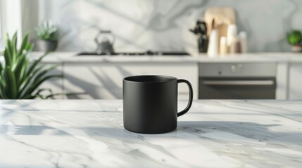 Modern matte black coffee cup on smooth marble countertop surrounded by minimalist kitchen decor.