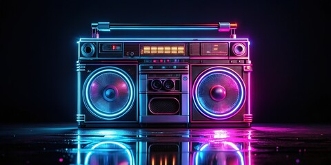 Fototapeta premium Retro Boombox with Neon Lights on Reflective Surface - Vintage 80s Music Player Stock Photo