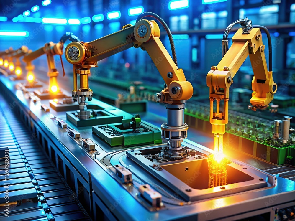 Poster robotic arm precisely placing electronic component on assembly line - stock photo
