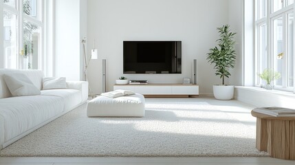 Modern white living room, sunlight, minimalist decor, TV, relaxation