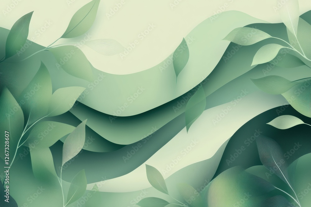 Poster vibrant green abstract design featuring flowing leaves and layers in soft shades of green. generativ