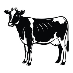 Cow vector, Holstein Cow head vector silhouette, Holstein Silhouette, A clean black silhouette of a Holstein Cow Standing Side View isolated on a white background