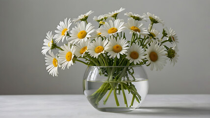 daisy flowers in a clear glass vase on white background
