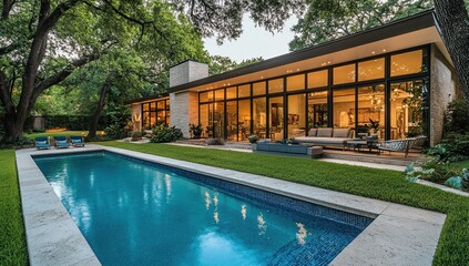 Modern House with Pool: Evening Illumination, Landscaping, and Luxury Design
