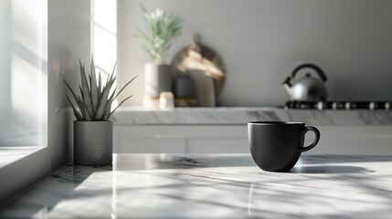 Fototapeta premium Modern matte black coffee cup on smooth marble countertop surrounded by minimalist kitchen decor.
