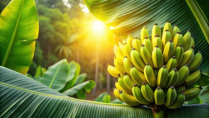 Obraz premium Sunlit Ripe Bananas & Vibrant Green Leaves - Tropical Fruit Stock Photo