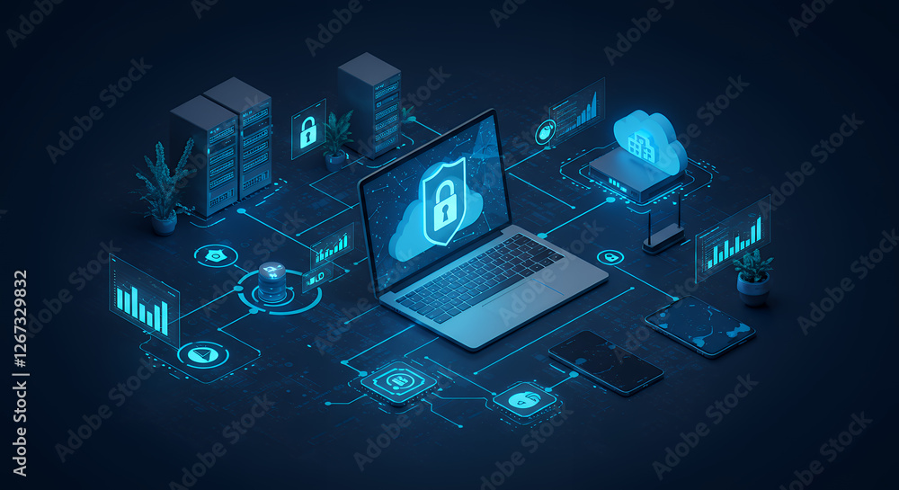 Poster cloud security: secure data protection across network, servers & devices - a modern tech landscape. 
