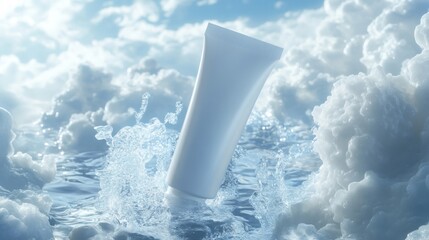 White Tube Cosmetic Product In Water Splash Against Clouds