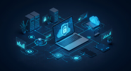 Cloud Security: Secure Data Protection Across Network, Servers & Devices - A Modern Tech Landscape. Data Privacy, Cyber Safety Concept