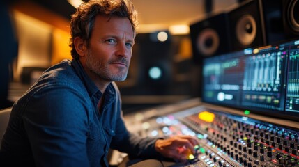 Audio specialist working in a control room, optimizing music tracks with digital tools