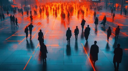 City square, people walking, night, glowing lines, urban life, stock photo