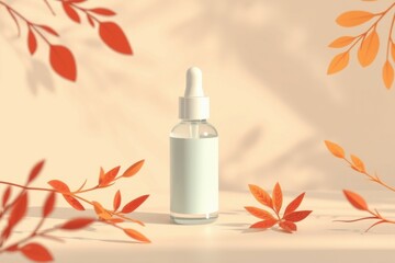 Clear serum dropper bottle in warm autumn setting with orange leaves. Skincare product, ideal for cosmetic product mockup.