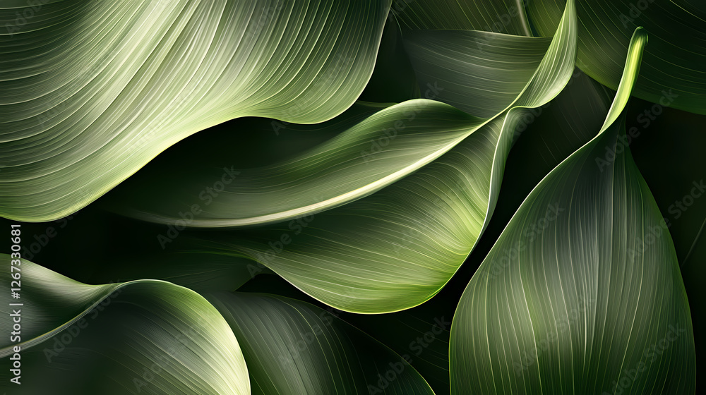 Poster rich green leaves with intricate patterns in natural light. generative ai