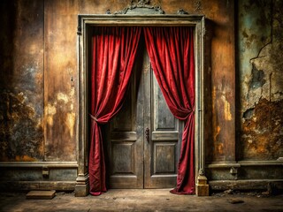 Worn Red Velvet Curtains Draped Over Old Doorway - Vintage Interior Detail Stock Photo