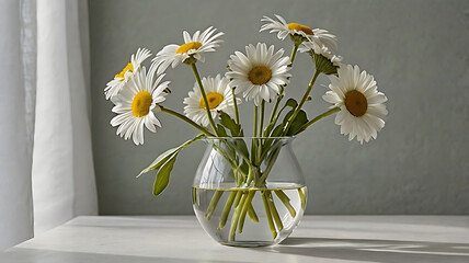 daisy flowers in a clear glass vase on white background