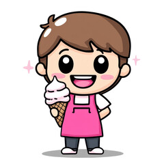 Happy Cartoon Boy with Ice Cream Cone in Pink Apron Smiling Brightly