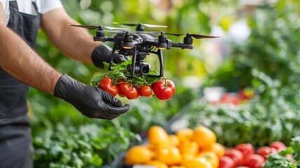 Futuristic Smart Agriculture System with Drone Delivering Red Peppers in an Indoor Setting Surrounded by Lush Greenery in Sharp Focus