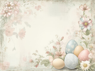 Fototapeta premium Minimalist Easter background with florals and eggs, vintage pastels, seasonal holiday card design