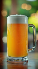 Frosty beer mug on table with blurred background, ideal for bar/restaurant promotions