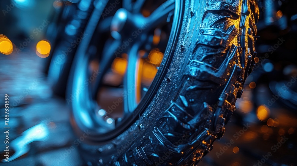 Poster close-up of a wet tire showcasing intricate tread patterns against a blurred nighttime backdrop