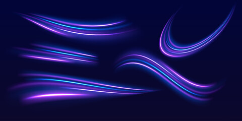 Speed police line set. Laser beams, horizontal light rays. Magic shining neon light line trails. Purple glowing wave swirl, impulse cable lines. High speed effect motion blur night lights