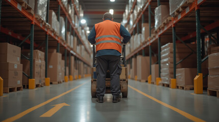 warehouse worker in orange vest operates pallet jack in storage facility, surrounded by stacked boxes