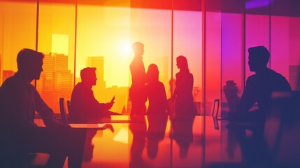 Silhouetted business team meeting, sunset city backdrop