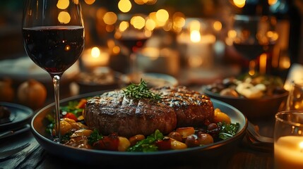 A plate of meat with a glass of wine on the table