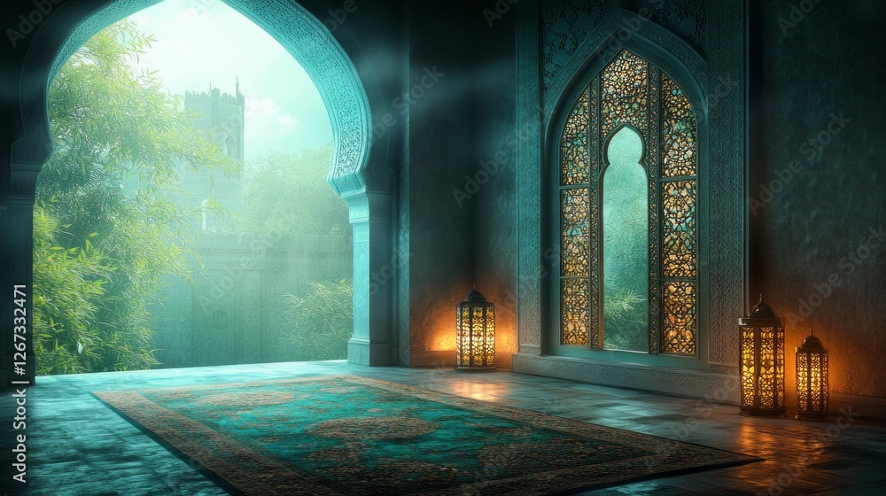 Poster soft light filters through intricately designed windows in a secluded prayer room, adorned with deco