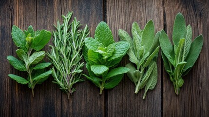 Fresh herbs arranged on rustic wooden planks