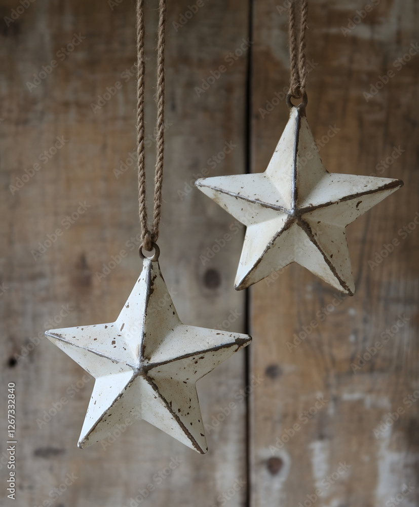 Poster two rustic, white decorative stars hang from a rope against a wooden background, adding a charming t